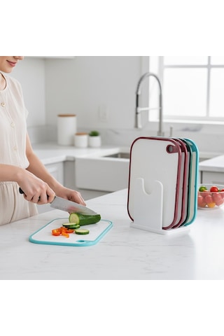 Qlux L-01009 Kitchenq Plastik Kesim Panosu Seti 2 Parça - 19x24 Cm Ve 23,3x35,5 Cm, Renkli Silikon Kenarlı- 8'li Paket Diğer