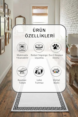 Şehzade Beyaz Siyah Göbeksiz Dijital Baskılı Yıkanabilir Yolluk