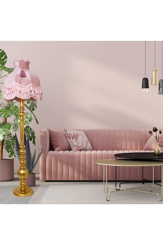 Vintage Ahşap Gold Ayak Pudra Pembe Lambader Püskül Süsleme 170x45cm Lm10422 Pembe