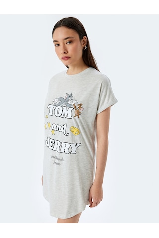 Koton Lisanslı Kısa Kollu Bisiklet Yaka Baskılı Tom Ve Jerry Gecelik Gri Melanj 5slk60003mk Gri Melanj