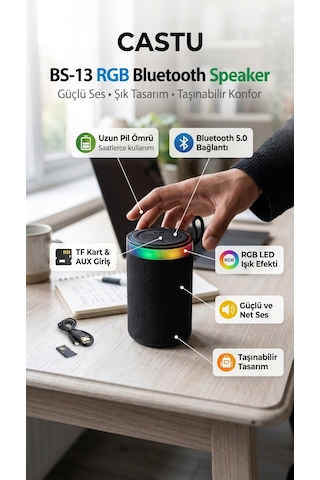 BS-13 RGB LED Işıklı Taşınabilir Bluetooth Hoparlör Yüksek Sesli Kablosuz Speaker AUX USB SD Kart Destekli Şarjlı