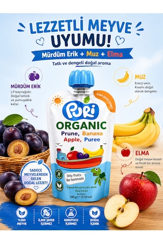 Organic %100 Organik Meyve Püresi Mürdüm Erik Muz Elma 100 G İlave Şekersiz