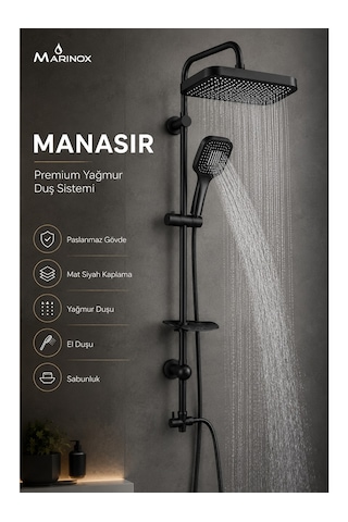 Manasır Mat Siyah Premium Lük Tepe Duş Seti
