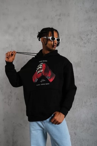 Veraura Lifestyle Erkek Eldiven Baskılı Kapüşonlu Sweat - Siyah