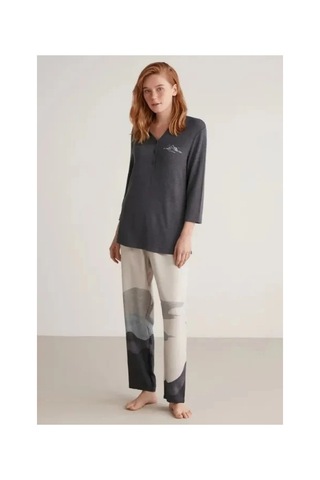 Moda Dua Nautıca W604 Kadın Patlı V Yaka Uzun Kollu Pijama Takımı lacivert