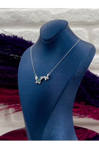 925 Ayar Gümüş Özel Tasarım Mineli Sıralı Kelebek Desenli Popüler Kadın Kolye Gümüş