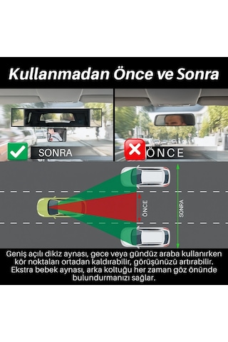 Polham Kavisli Ultra Geniş Araç İçi Dikiz Aynası Ekstra Yan Ve Kör Nokta Aynalı, Tüm Araçlara Uyumlu
