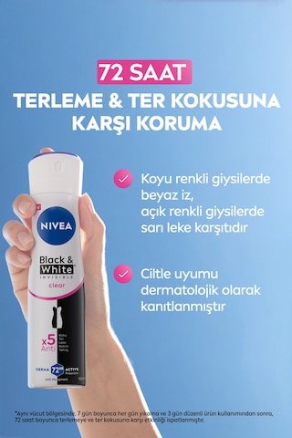 Kadın Sprey Deodorant Black&white Invisible Clear 150ml, 72 Saat Anti-perspirant Ter Koruma,alkolsüz