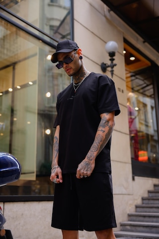 Siyah Renk Bisiklet Yaka Şort Tişört Takım-1707 Siyah