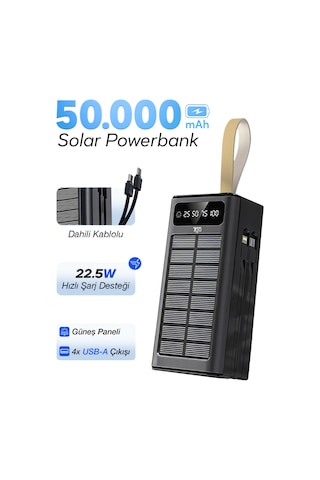 7go Gpw-01 50.000 Mah Solar Powerbank 22.5 W Hızlı Şarj, Dahili Kablolu, Led Ekranlı Taşınabilir Ş Siyah