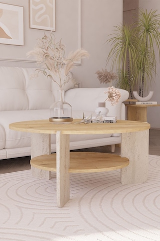 İskandinav Orta Sehpa 90 Cm, Bohem - Safir Meşe & Traverten