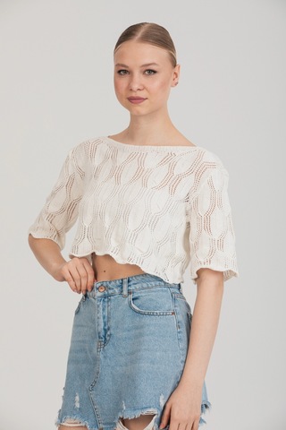 Maximodena Zarif Ajurlu Dokulu Beyaz Crop Triko Bluz Standart Beden - Beyaz