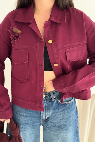 Kadın Yırtık Detaylı Crop Ceket Dinamik & Sokak Stili Bordo