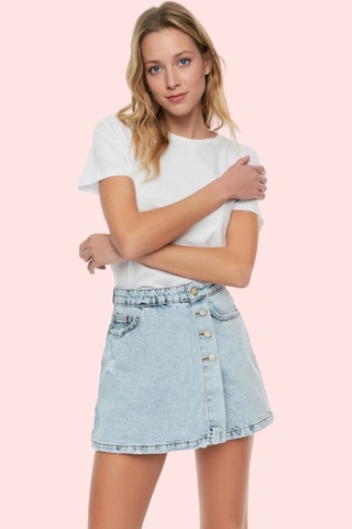 Ersefa Kadın Pamuklu Denim Şort Etek Parça Boya Casual Stil Yüksek Bel Y mavi