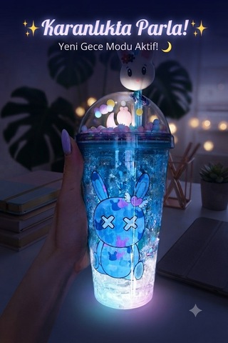 Çift Katmanlı İçecek Bardağı Led Işıklı Pipetli Kawaii Chibi Sevimli Tavşan Figürlü Suluk 450ml Mavi
