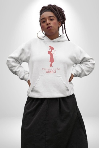 Anneler Günü Dünyanın En İyi Annesi Kadın Erkek Beyaz Kapüşonlu Sweatshirt Hoodie Beyaz