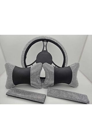 Pırlanta Gümüş Direksiyon Kılıfı Taşlı Boyun Yastığı Ve Emniyet Kemer Pedi 3 Lü Tam Set Gümüş