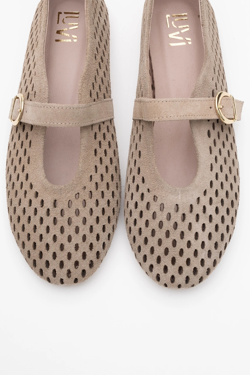 Arian Bej Süet Hakiki Der Delikli Kadın Babet Ayakkabı Bej Süet