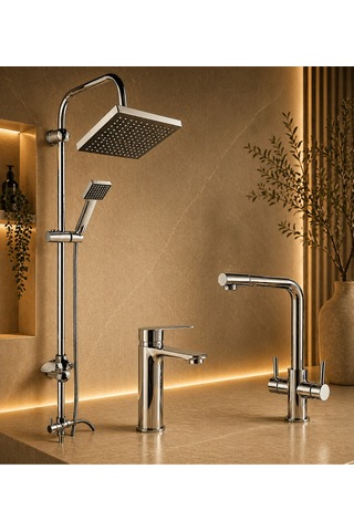 Lüx Premium Krom 3'lü Set Robot Duş Seti Sabit Lavabo 3 Yollu Arıtma Musluğu Çeşmesi Bataryası Banyo Mutfak Seti Gri