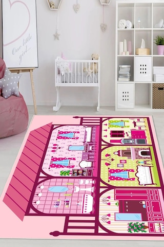 Dijital Baskılı Dekoratif Kaymaz Taban Yıkanabilir Prenses Evi Temalı Modern Çocuk Halısı Pembe