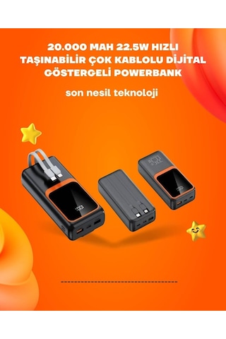Powerbank 20000 Mah 22.5w Hızlı Şarj Dahili Kablolu Lcd Ekranlı Şarj Cihazı Siyah