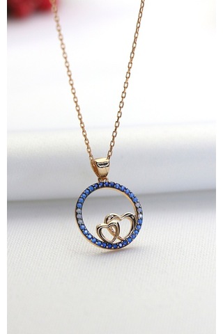 Mavi Nano Taşlı Kalp Gümüş Kolye (479068387)-Rose Gold