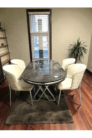 Msy Home 4 Kişilik Serya İroni Oval Masa Krom Ayak Yönsüz Kumaş Modern Ve Şık Yemek Odası Takımı 54298 Bej
