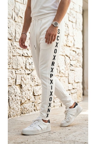 Plus Scorpion Erkek Slim Fit Eşofman Altı Yazılı Şerit Detaylı, Dar Paça Jogger Pantolon Beyaz