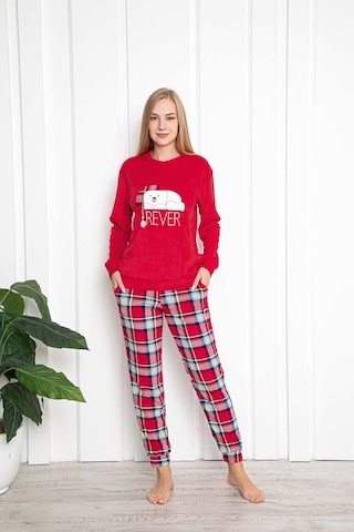 Aydoğan Kadın Pijama Takımı Baskılı Kadife Uzun Kol Kışlık Kırmızı