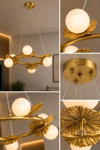 Modern Premium 6lı Eskitme Halka Sarkıt Avizesi Salon Mutfak Oturma Odası Modelleri 6 Ampül X G9 Duy Gold