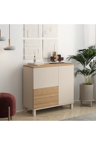 Robin Home Urban Çok Amaçlı Dolap Ahşap Ayaklı 2 Kapaklı 2 Çekmeceli Kumsal-sepet Bej