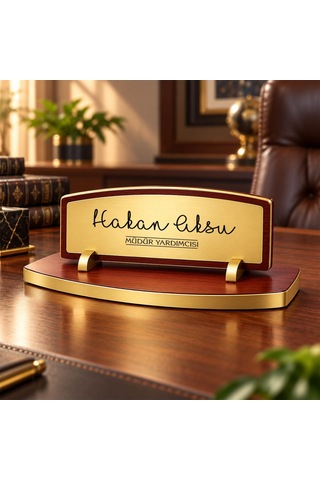 Bk Gift Kişiye Özel Ahşap Masa İsimliği Gold Plakalı Bk27 -1 Çok Renkli