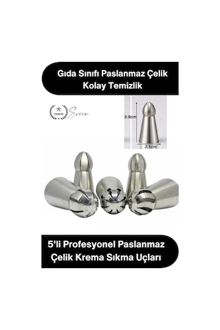 Pastasüsleme Pasta Süsleme 5'li Profesyonel Büyük Boy Paslanmaz Çelik Krema Sıkma Fırfır Duy Uçları Gri