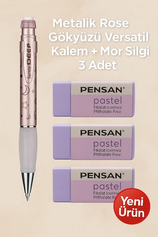 Metalik Mavi 0.7 Versatil Kalem + Pastel Mavi Silgi 3'lü Set Metalik Rose