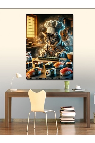 Kanvas Tablo Sushi Yapan Aşçı Kedi 70cmx100cm