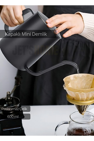 Kapaklı Demlik Paslanmaz Kahve Demliği İndüksiyon Uyumlu Çelik Demlik 600 Ml Siyah
