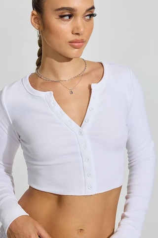 Madmext Beyaz Uzun Kollu Düğmeli Kaşkorse Crop Hırka Mg2193 Beyaz