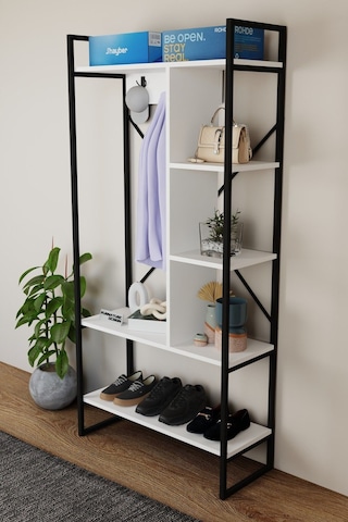 Aria Vestiyer Dekoratif Askılık Portmanto Çok Amaçlı Raf Beyaz