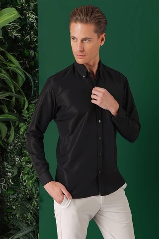 Efor Slim Fit Düğmeli Yaka Pamuklu Klasik Siyah Gömlek Gk 715 Siyah