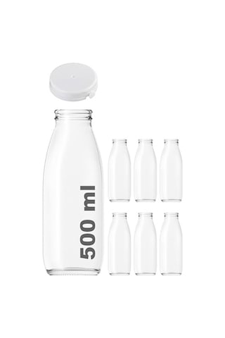 500 Ml Şeffaf Sürahi Süt, Ayran, Su, Limonata, Meşrubat Şişesi 500 Cc Yırtmalı Kapaklı Cam Şişe 6 Adet 6, Be