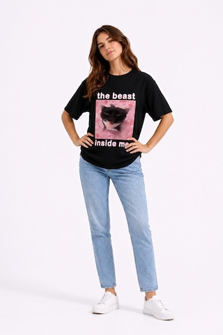Nevermind The Beast Inside Me Baskılı Unisex Oversize Tişört Siyah Kedi Gra