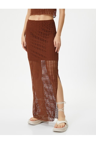 Koton Uzun Kroşe Etek Ajurlu Yüksek Bel Yanları Yırtmaçlı Astarlı Slim Fit Kahverengi 4sal70009ık Kahve