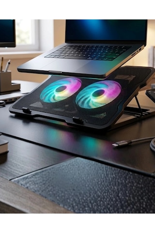 Mey İthalat Ayarlanabilir Laptop Soğutucu Çift Fan Rgb Işıklı Sessiz Çalışan