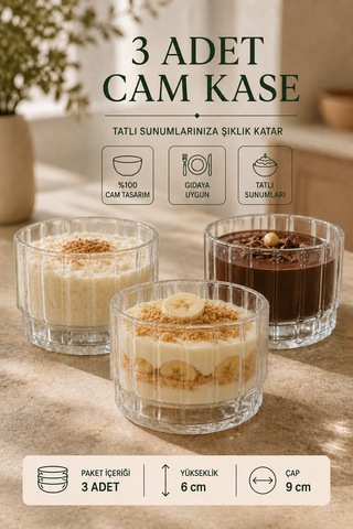 3 Adet Modern Çizgili Yuvarlak Borosilikat Cam Kase Seti Tatlı Çerez Meze Kahvaltılık Sunum Kasesi 400 Ml Şeffaf
