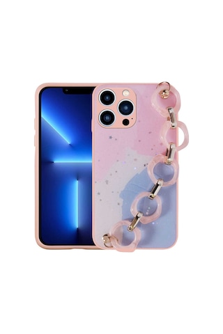Apple Uyumlu iPhone 13 Pro Uyumlu Simli Desenli El Askılı Tutacaklı Zore Elsa Silikon Kılıf-pembe Pembe -