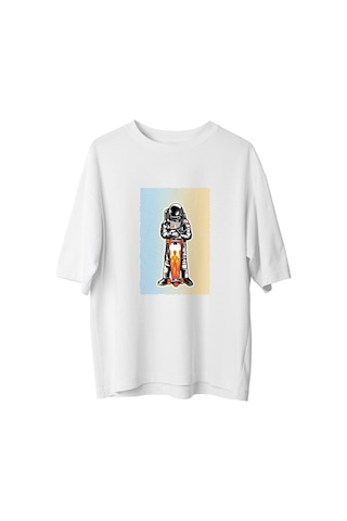 Paybuy Erkek Oversize Tişört Astronot Kaykay Baskısı Bold Line Art Dinam Beyaz