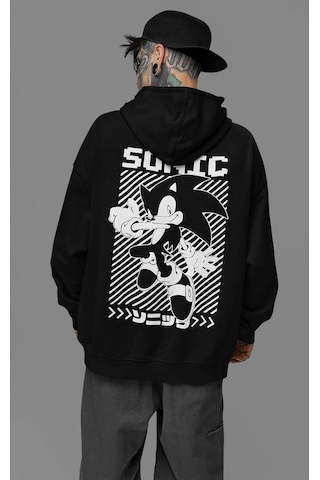 Sevbano Sonic Çizgi Film Baskılı Unisex Oversize Karakter Hoodie Siyah