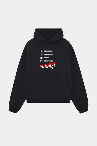 Unisex Kapüşonlu Sweatshirt - Luck Yazılı Oversize Hoodie Siyah