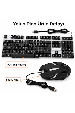 Hx-100 Kablolu Oyuncu Klavye Mouse Seti, Rainbow Led Aydınlatmalı, Türkçe Q, 105 Tuş, 6 Tuşlu Gaming Mouse Optik