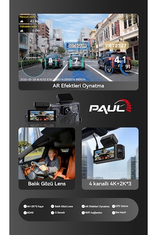 Paul Lens 360pro 4k Yapay Zekalı 4 Göz Araç Kamerası, Ön Arka Plaka Okuma Sağ Sol Balık Gözü Geniş Açılı, Gps Harita, Adas, 5g Wi-fi, Hız Göstergeli